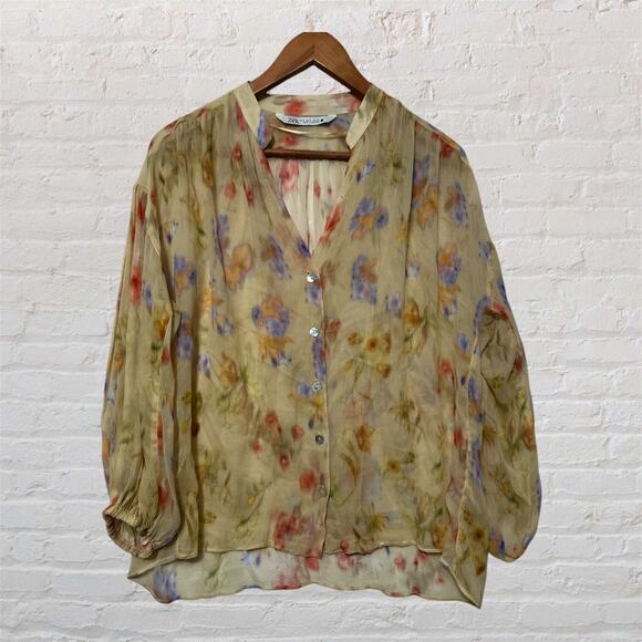 Zara Tops - Zara Woman's Small Sheer Floral Blouse Yellow Multicolor Button Front Boho Top